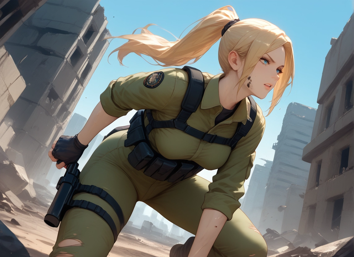 1girl, weapon, solo, blonde hair, fingerless gloves, gloves
