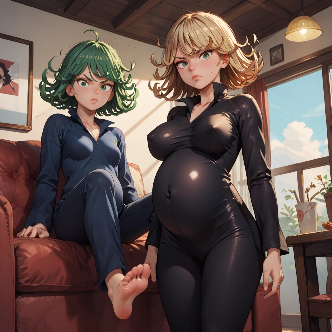 multiple girls, 2girls, breasts, barefoot, pregnant, green hair · Yamete.gg