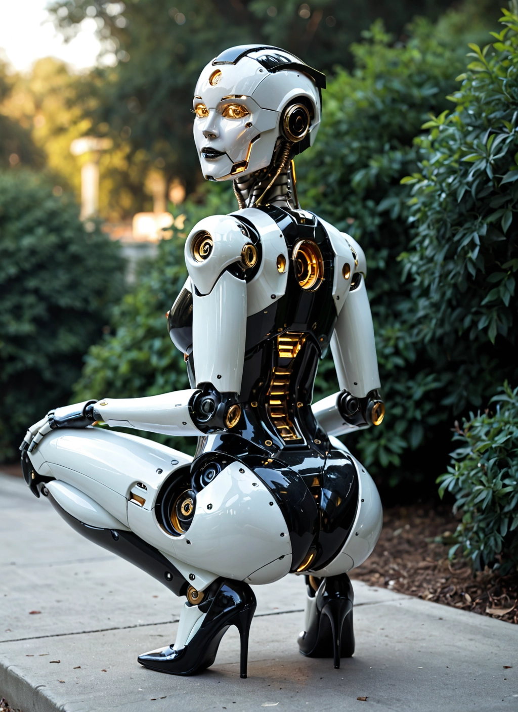 1girl, solo, high heels, squatting, robot joints, robot