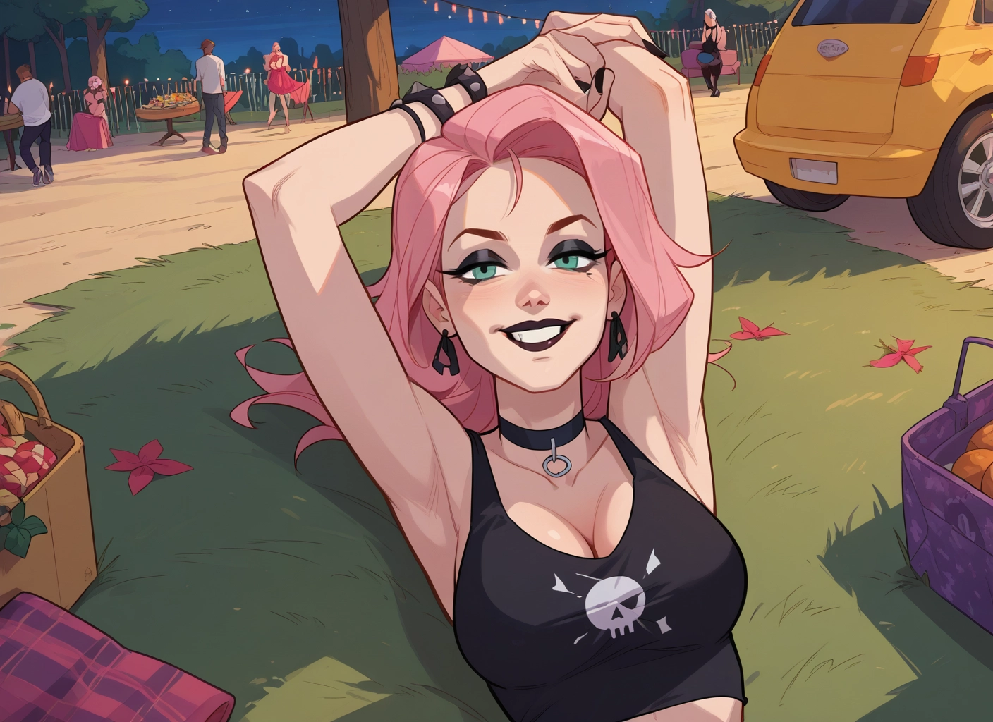 breasts, pink hair, armpits, jewelry, choker, smile · Yamete.gg