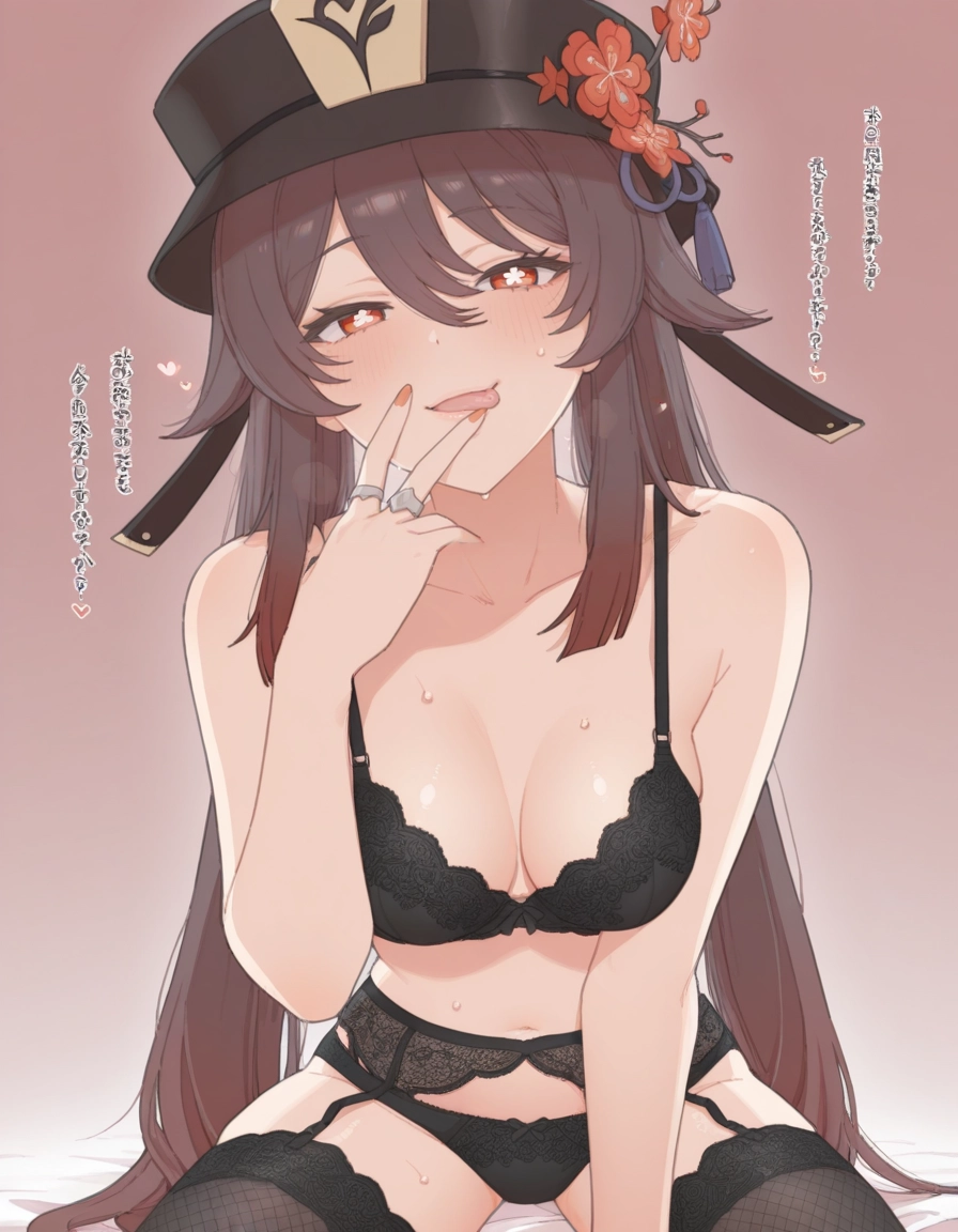 1girl, underwear, hu tao (genshin impact), breasts, bra, black bra · Yamete.gg