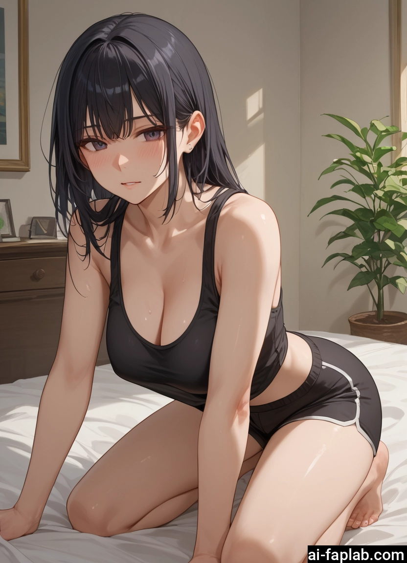 1girl, breasts, shorts, cleavage, black hair, solo · Yamete.gg