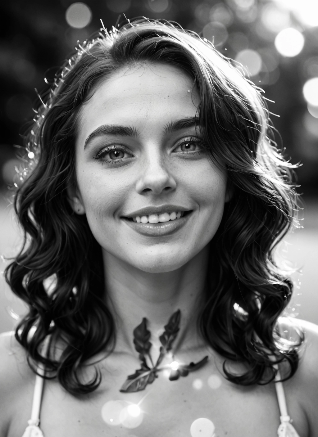 1girl, greyscale, monochrome, solo, smile, freckles · Yamete.gg