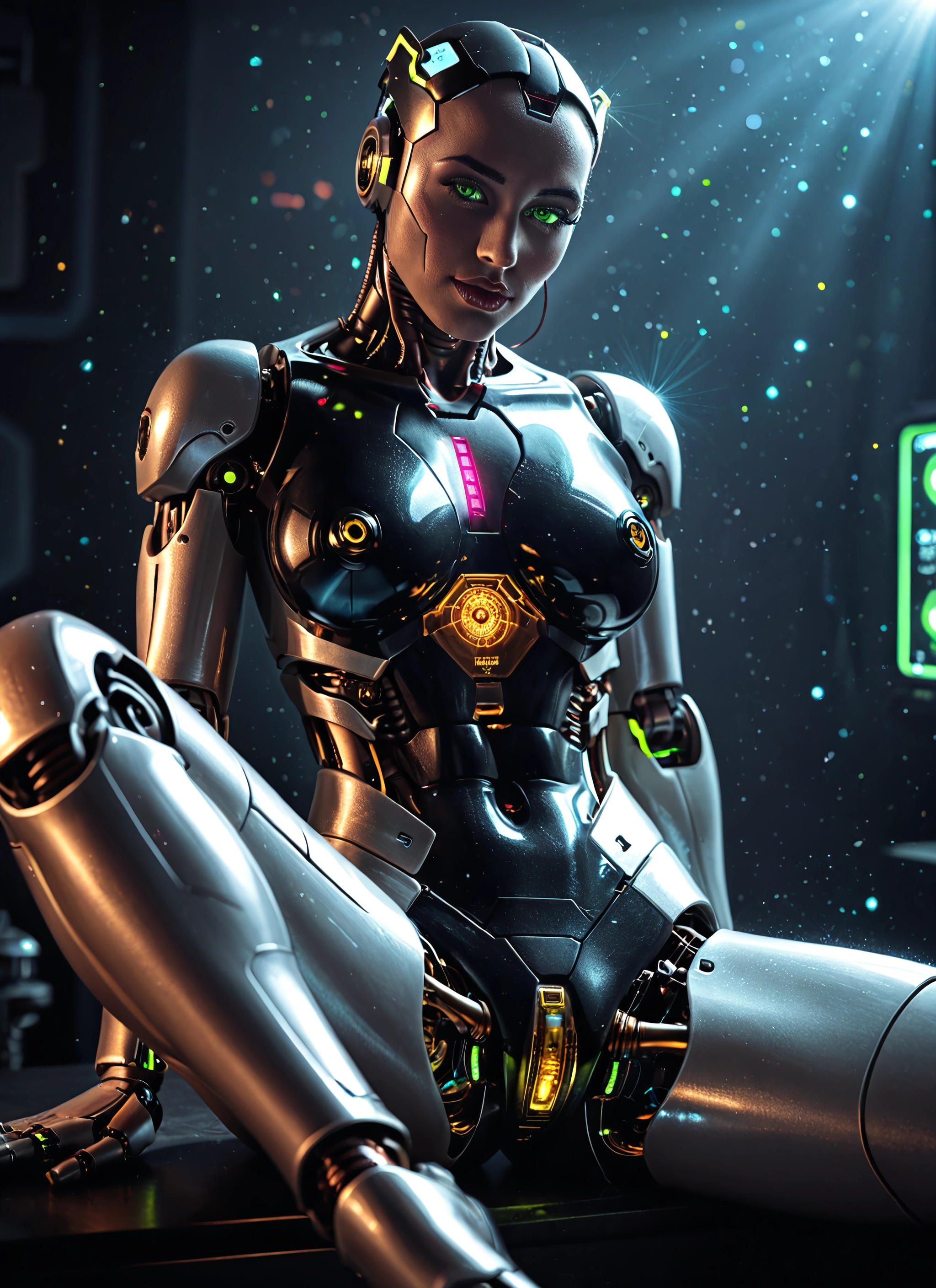 1girl, solo, green eyes, sitting, looking at viewer, breasts · Yamete.gg