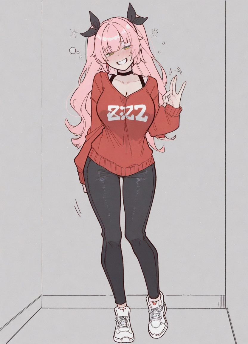 1girl, pink hair, breasts, solo, smile, pants · Yamete.gg