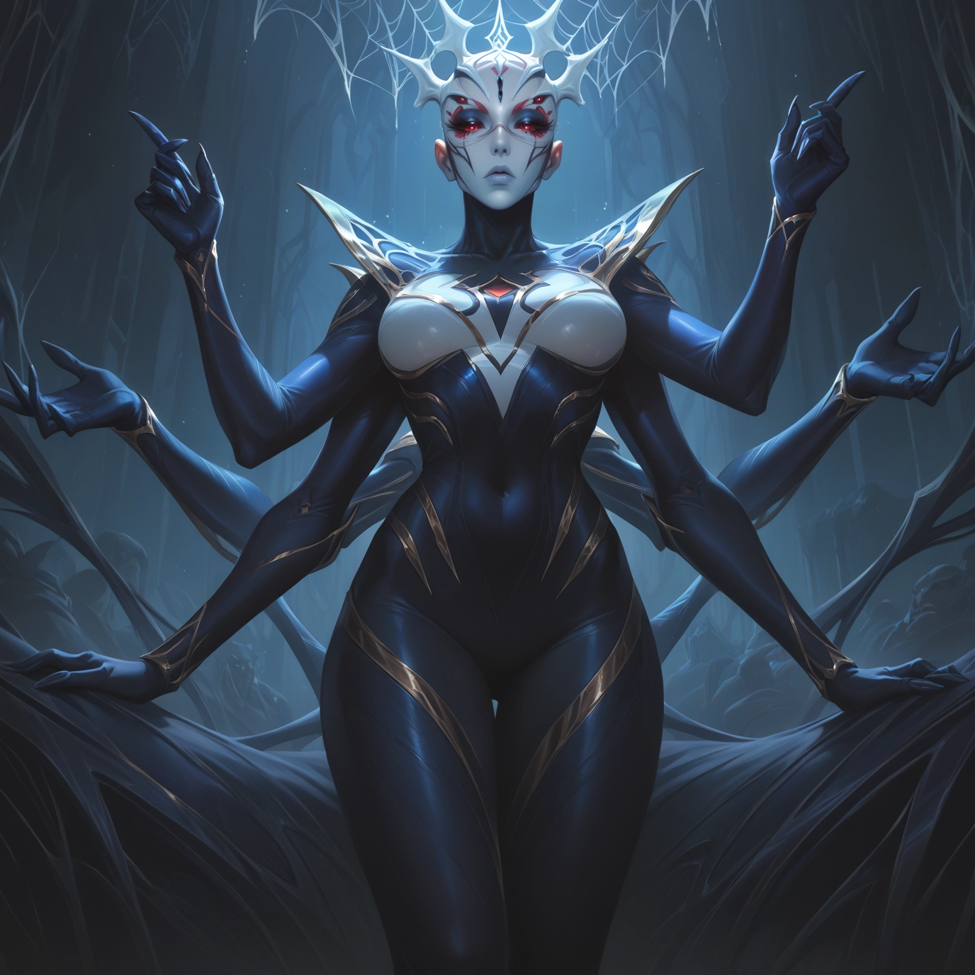 1girl, breasts, red eyes, extra arms, silk, solo · Yamete.gg