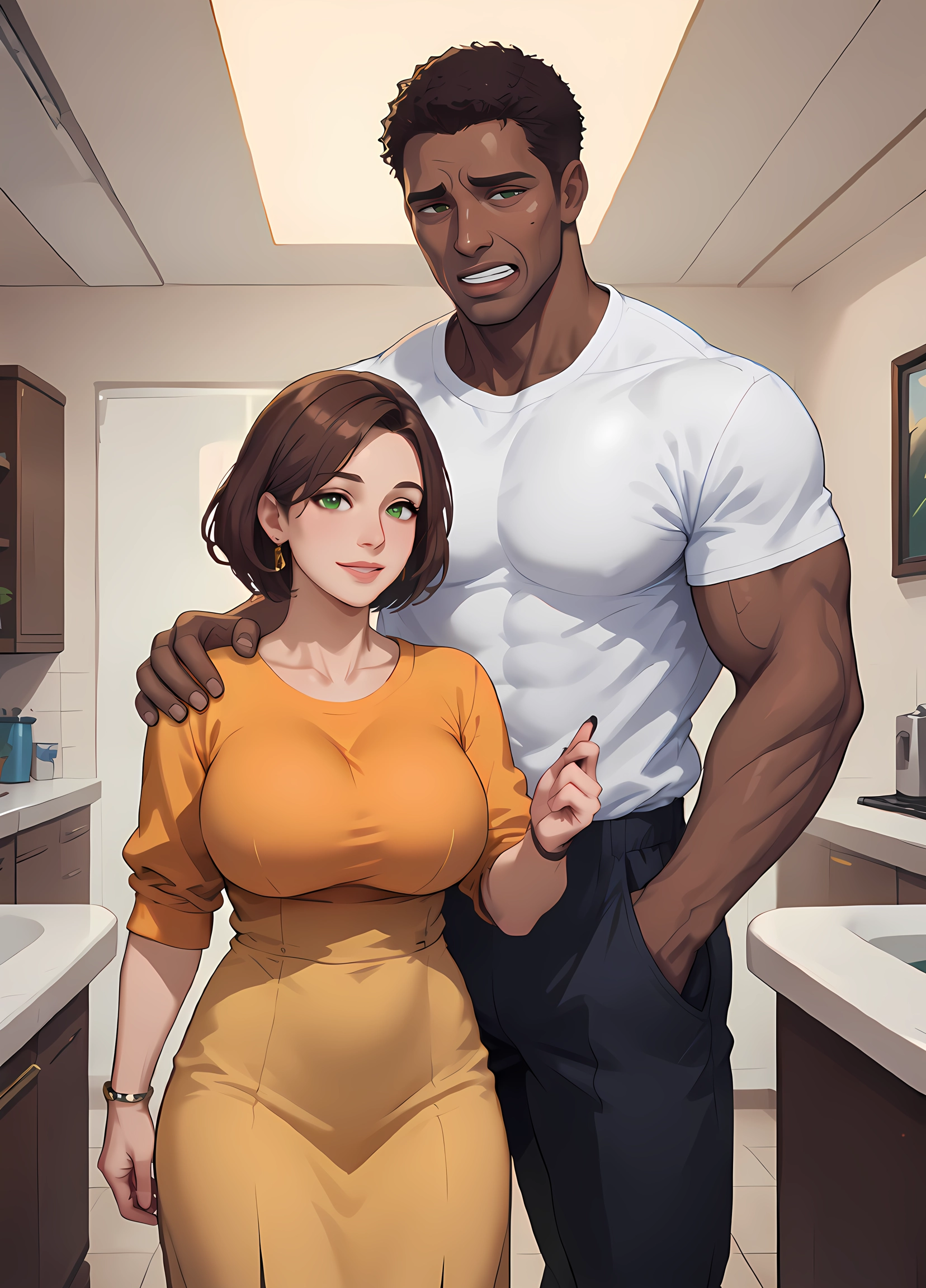 1girl, 1boy, jewelry, dark-skinned male, brown hair, shirt · Yamete.gg