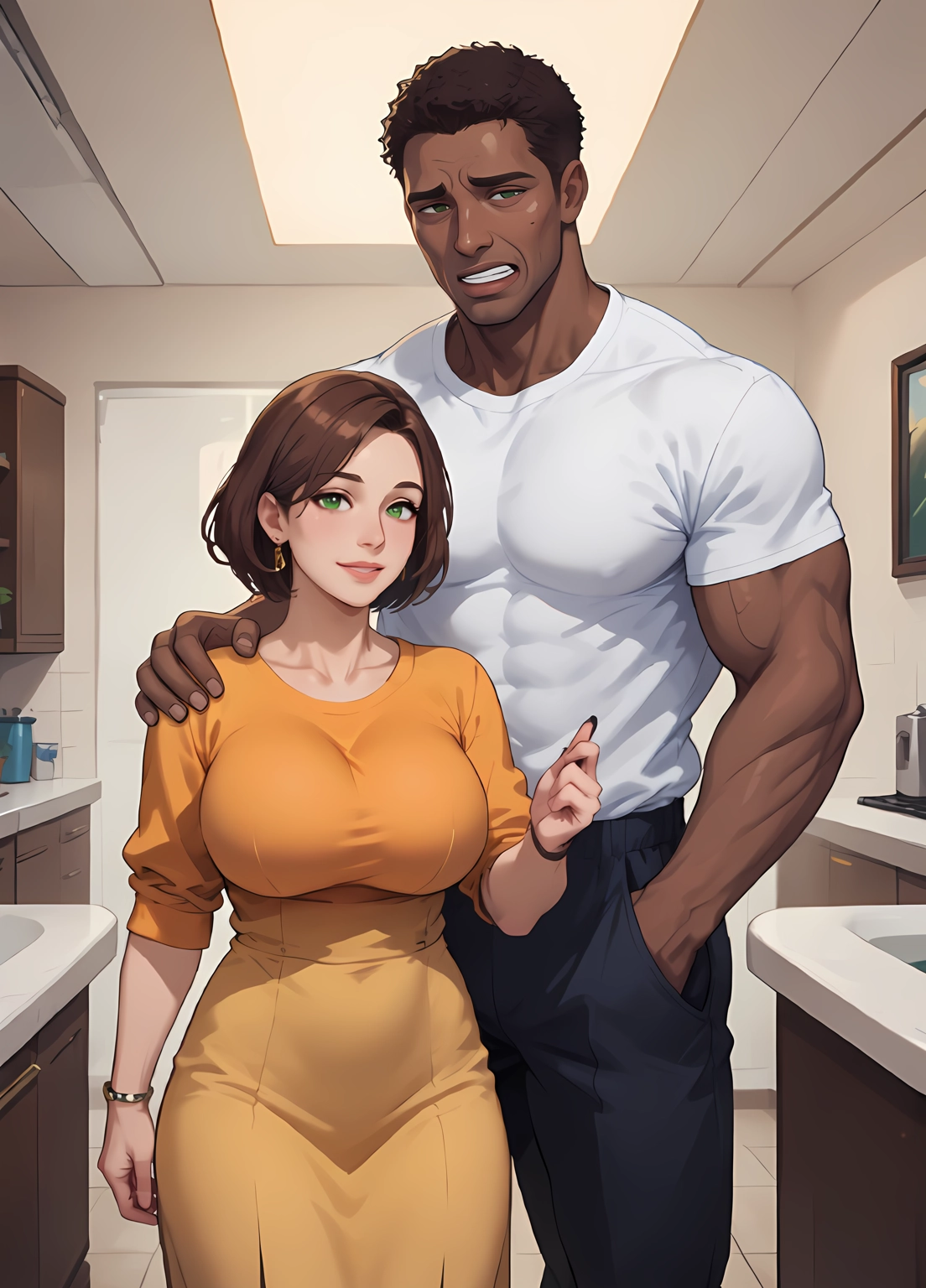 1girl, 1boy, jewelry, dark-skinned male, brown hair, shirt