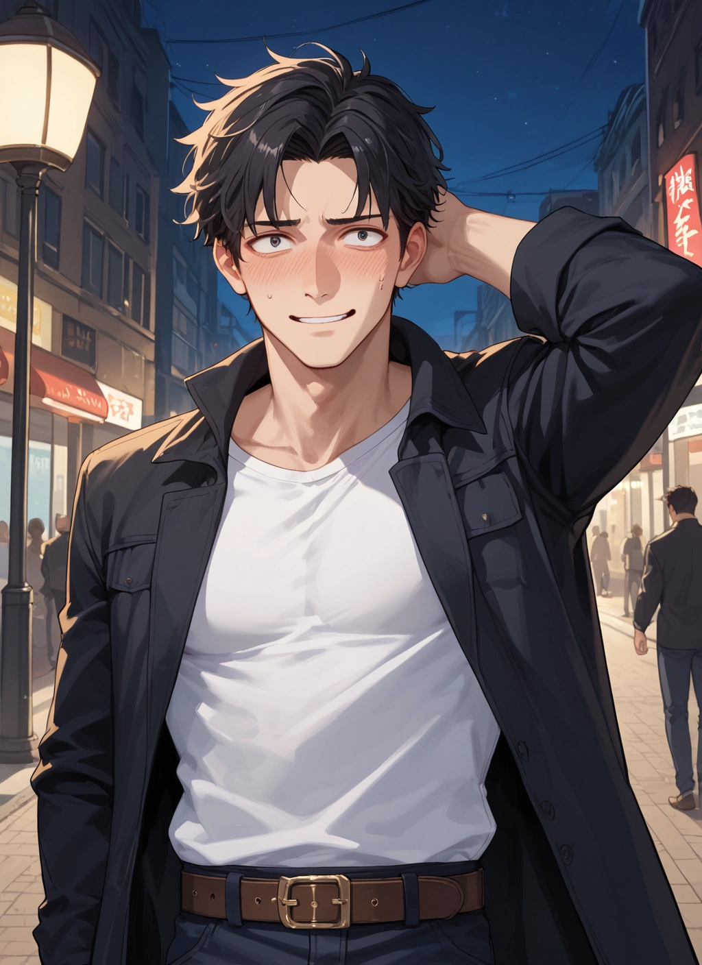male focus, blush, black hair, belt, shirt, white shirt · Yamete.gg