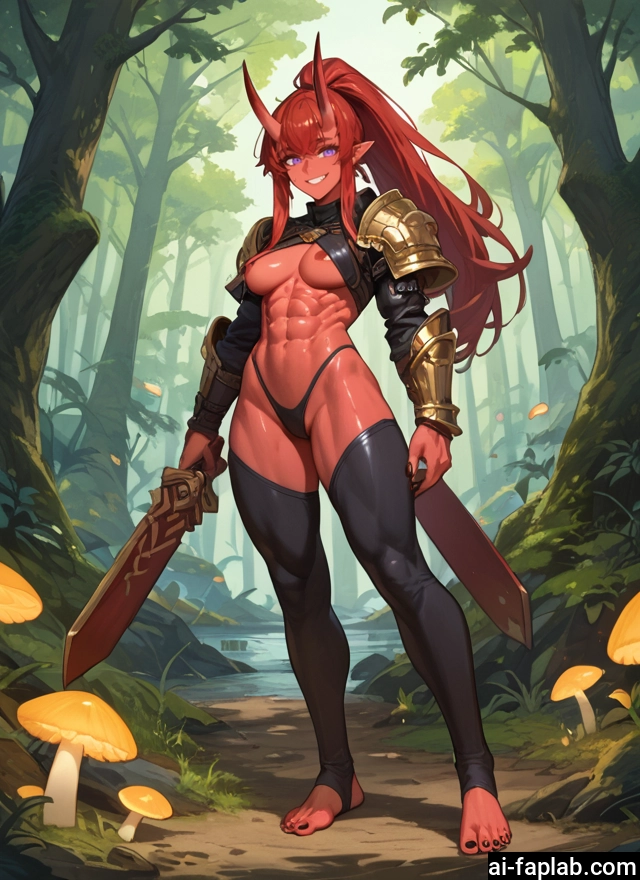 1girl, weapon, horns, breasts, sword, solo · Yamete.gg