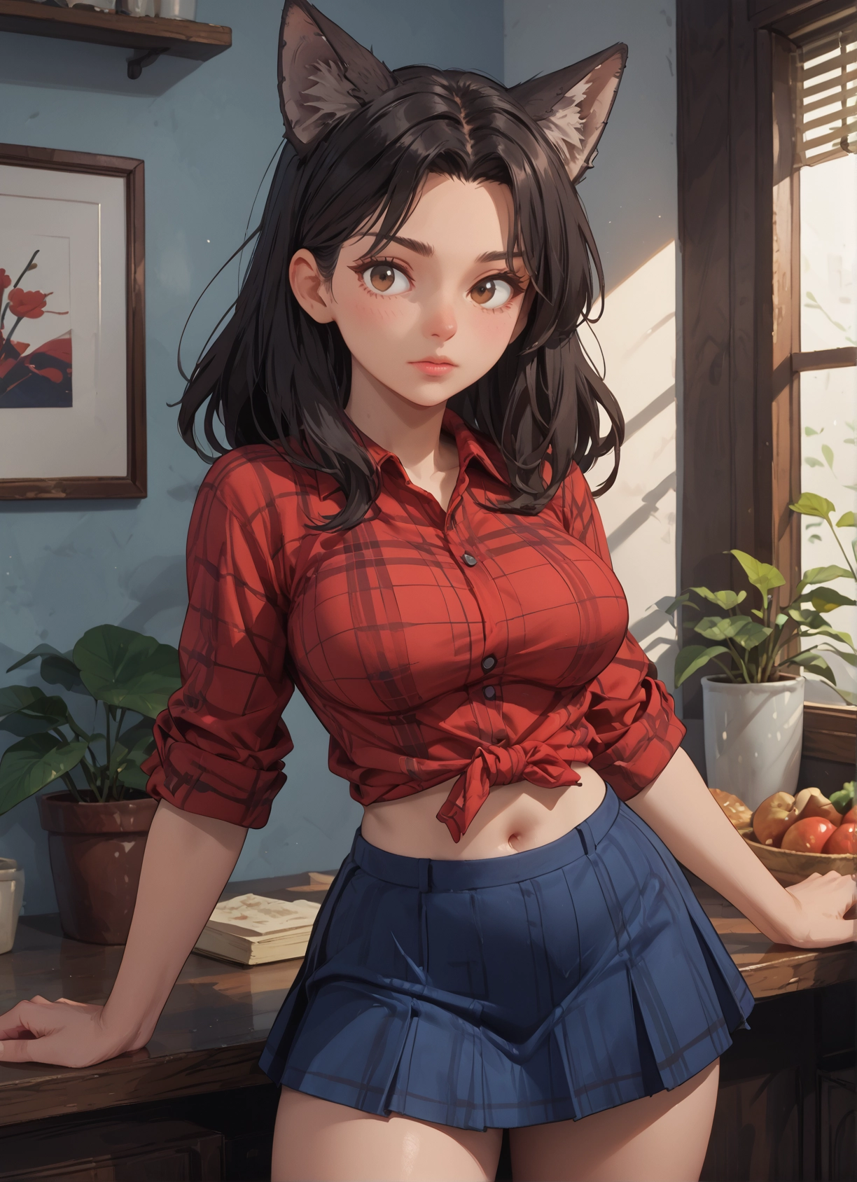 1girl, skirt, animal ears, solo, breasts, navel · Yamete.gg