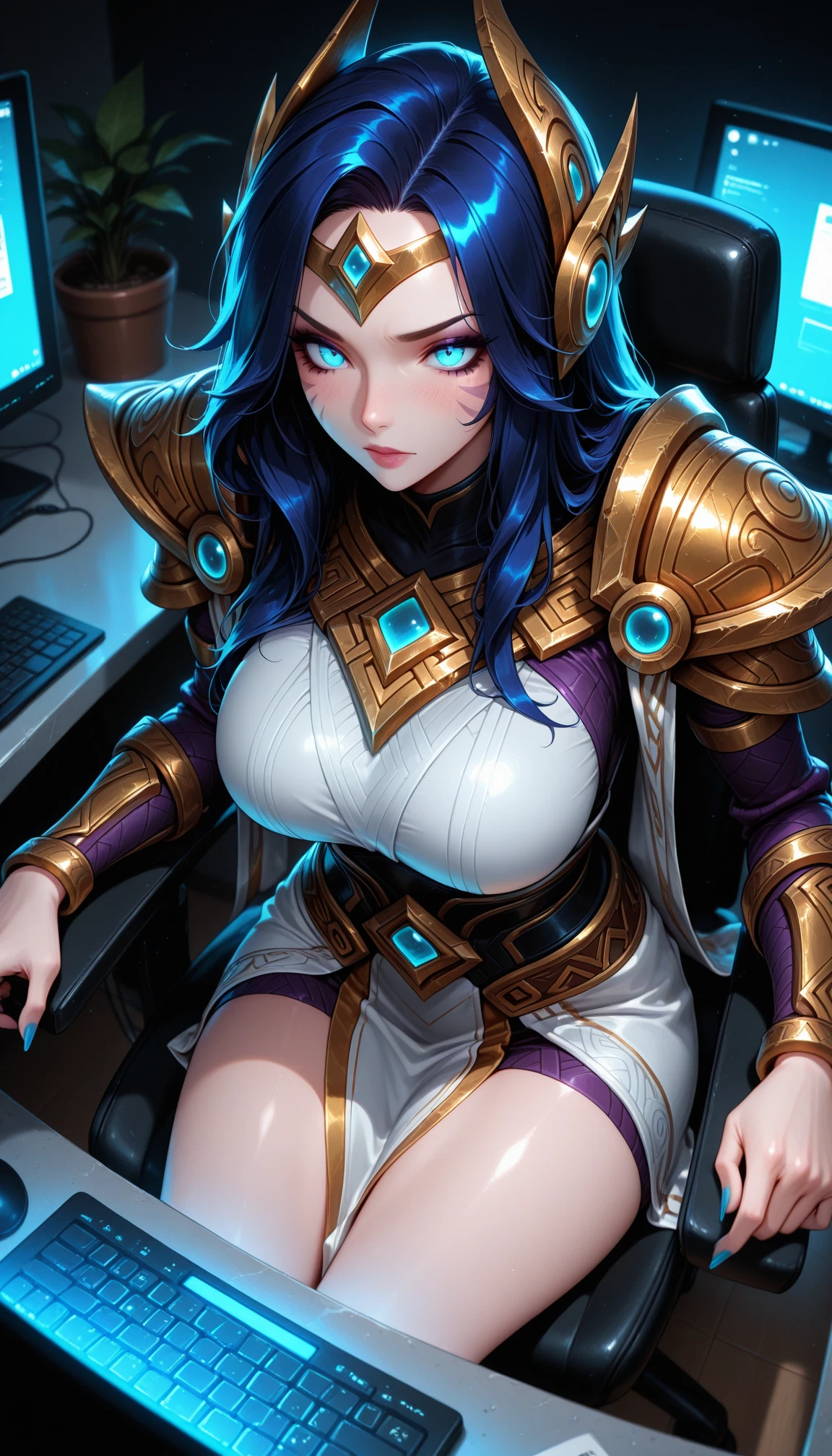 1girl, solo, breasts, sitting, blue eyes, long hair · Yamete.gg