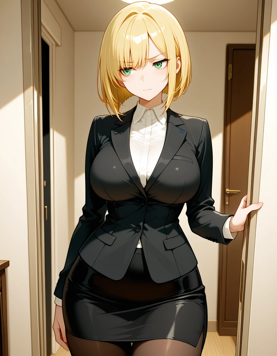 1girl, solo, blonde hair, green eyes, breasts, skirt · Yamete.gg