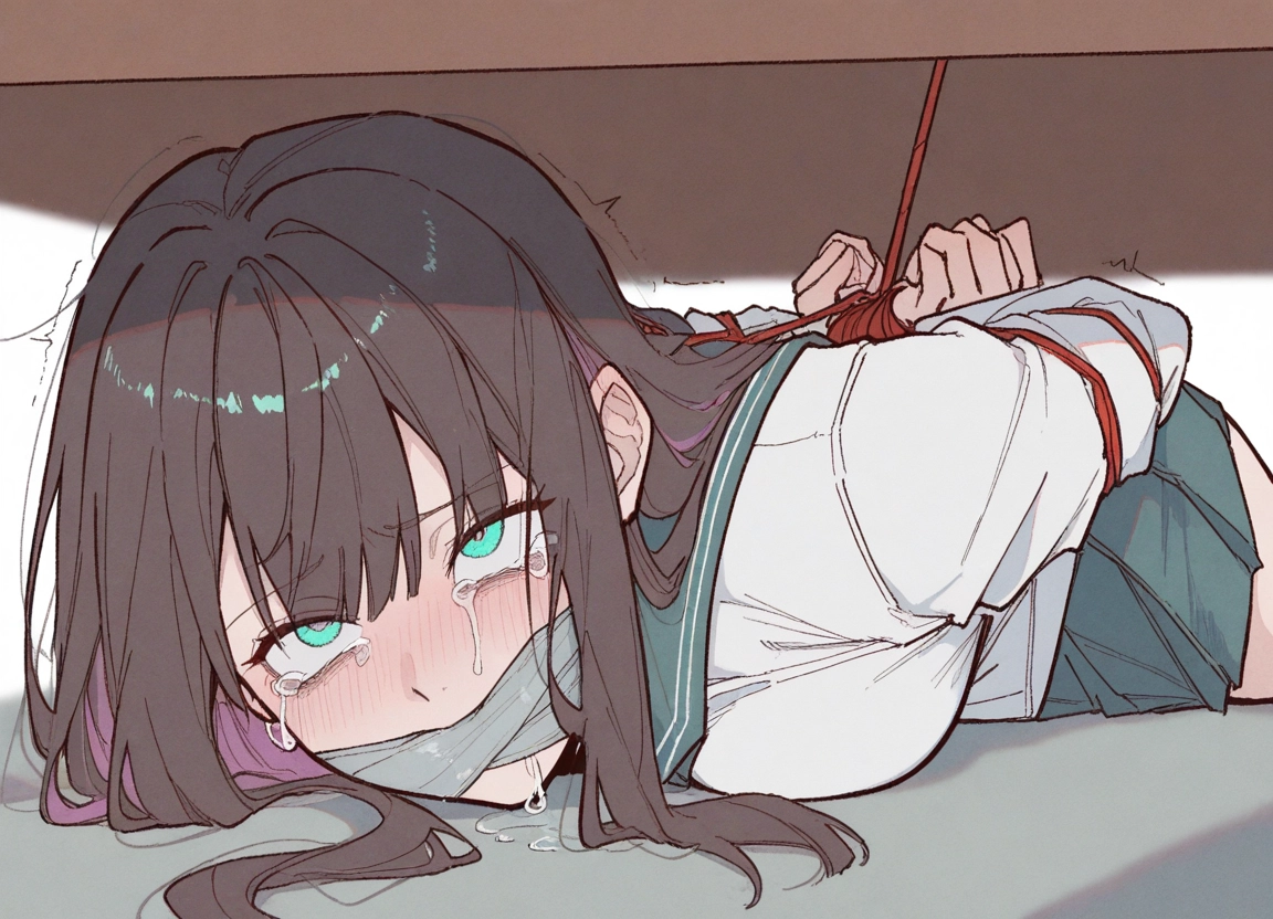 1girl, solo, school uniform, bound, on stomach, skirt · Yamete.gg