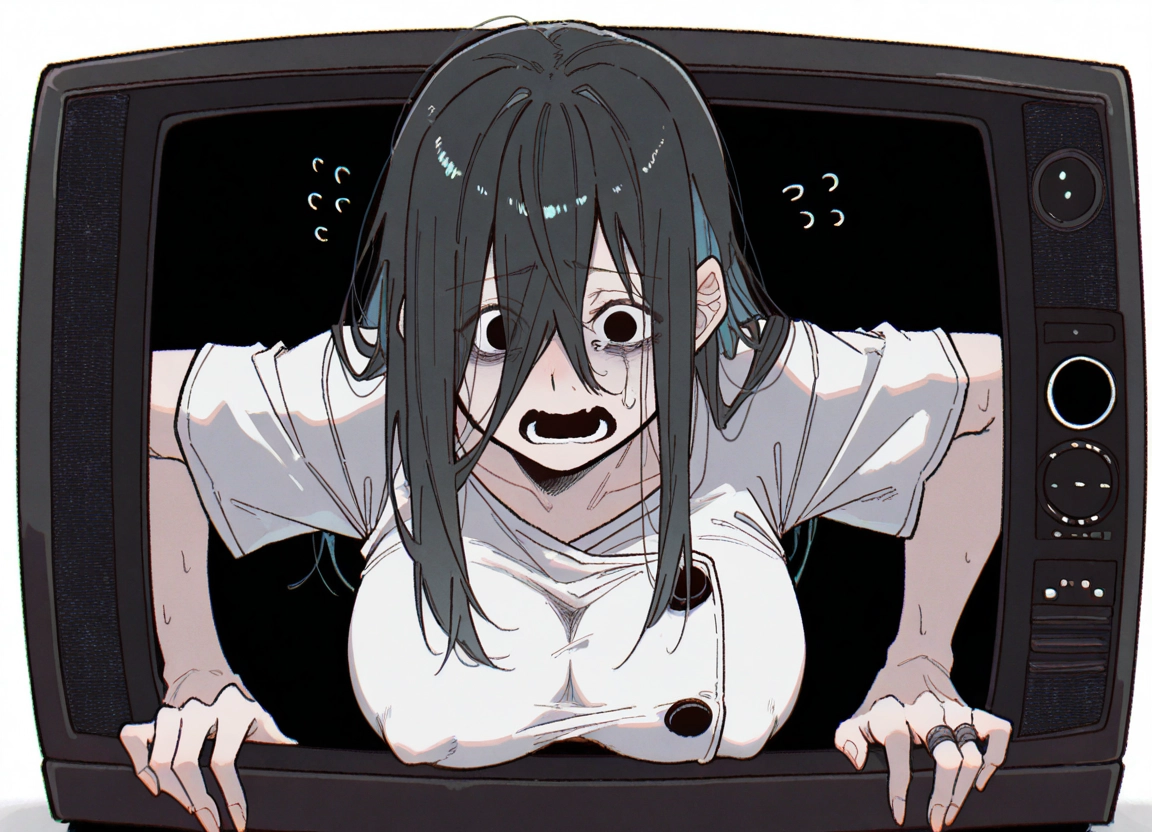 1girl, breasts, solo, black hair, shirt, open mouth · Yamete.gg