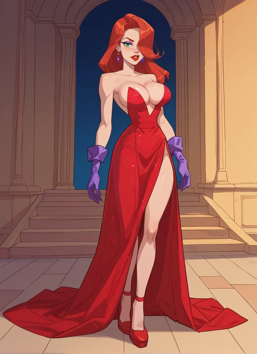 1girl, breasts, dress, gloves, jewelry, hair over one eye · Yamete.gg