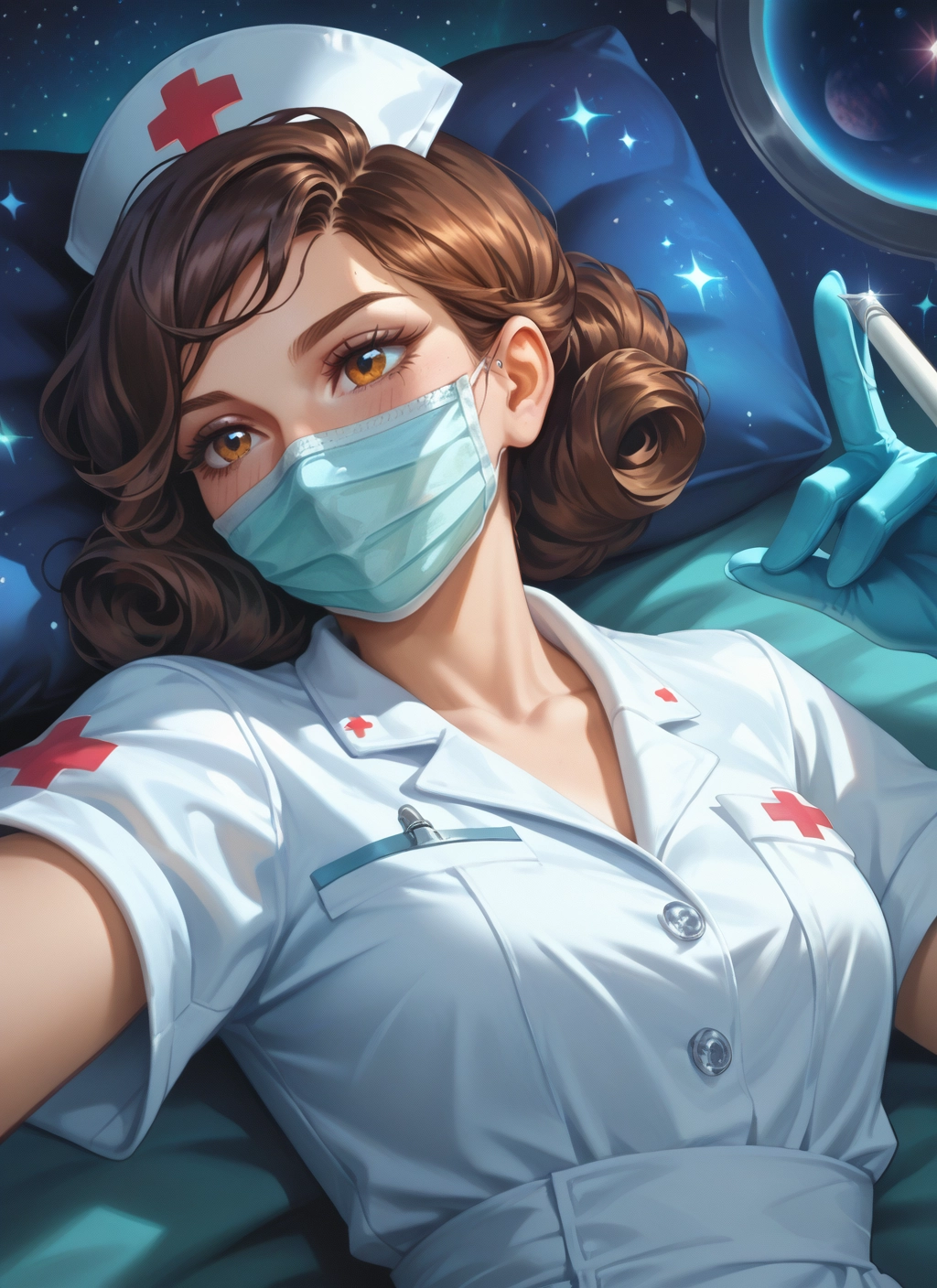 1girl, hat, mask, nurse cap, mouth mask, brown hair · Yamete.gg
