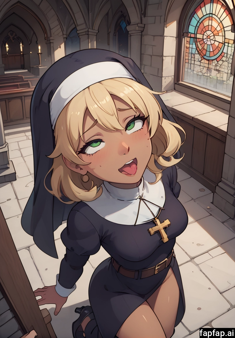 1girl, church, blonde hair, nun, tongue, breasts · Yamete.gg