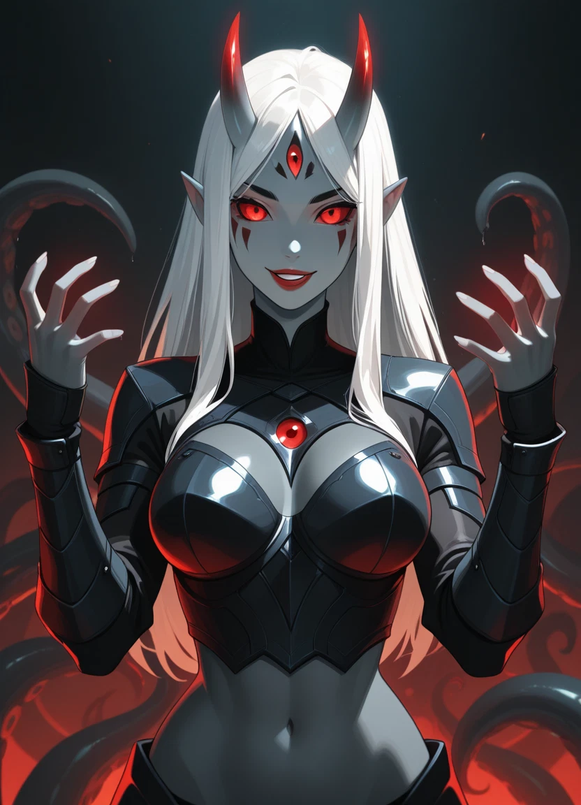 1girl, breasts, solo, tentacles, white hair, horns · Yamete.gg