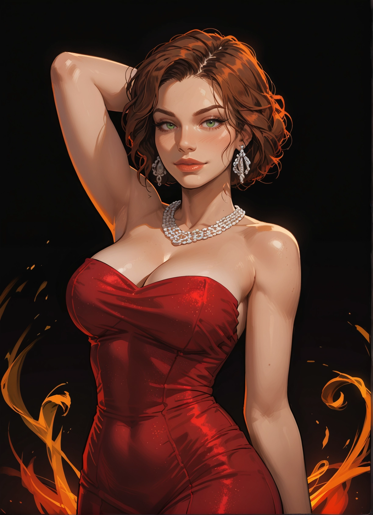 1girl, breasts, jewelry, dress, green eyes, earrings · Yamete.gg