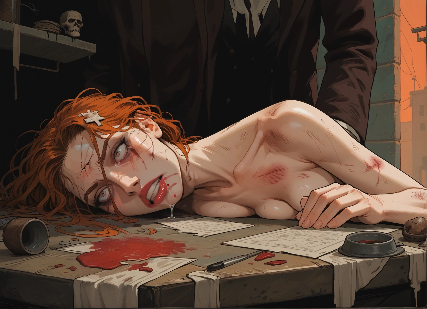 1girl, breasts, injury, hair ornament, 1boy, bruise · Yamete.gg