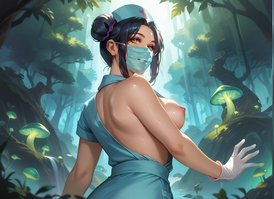 1girl, breasts, gloves, nipples, mask, hat · Yamete.gg