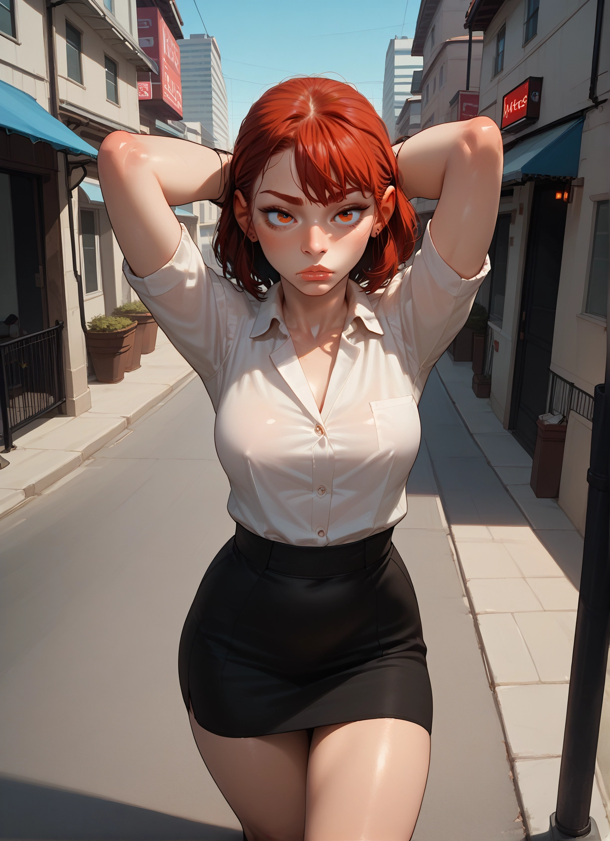 1girl, skirt, shirt, looking at viewer, breasts, day · Yamete.gg
