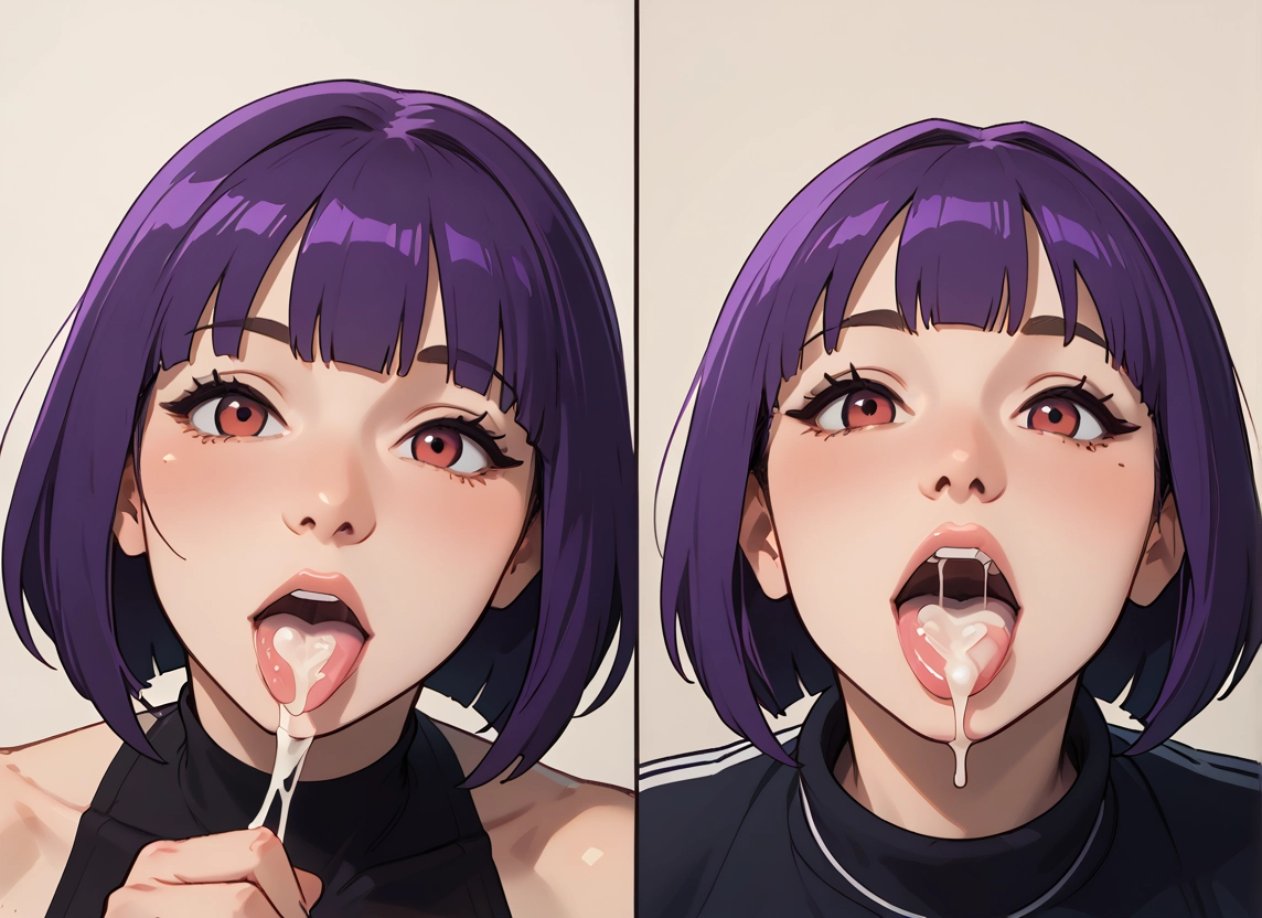 1girl, cum, purple hair, cum in mouth, open mouth, tongue · Yamete.gg