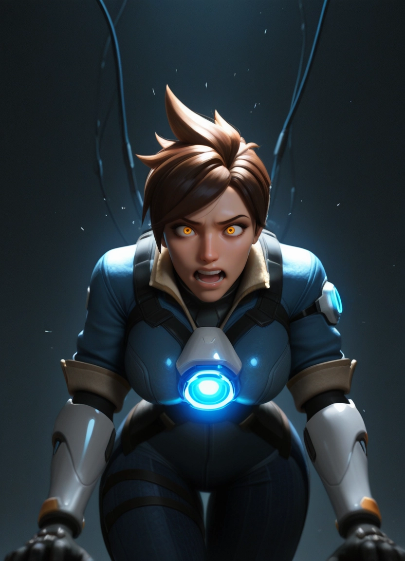 1girl, solo, brown hair, open mouth, short hair, tracer (overwatch) · Yamete.gg
