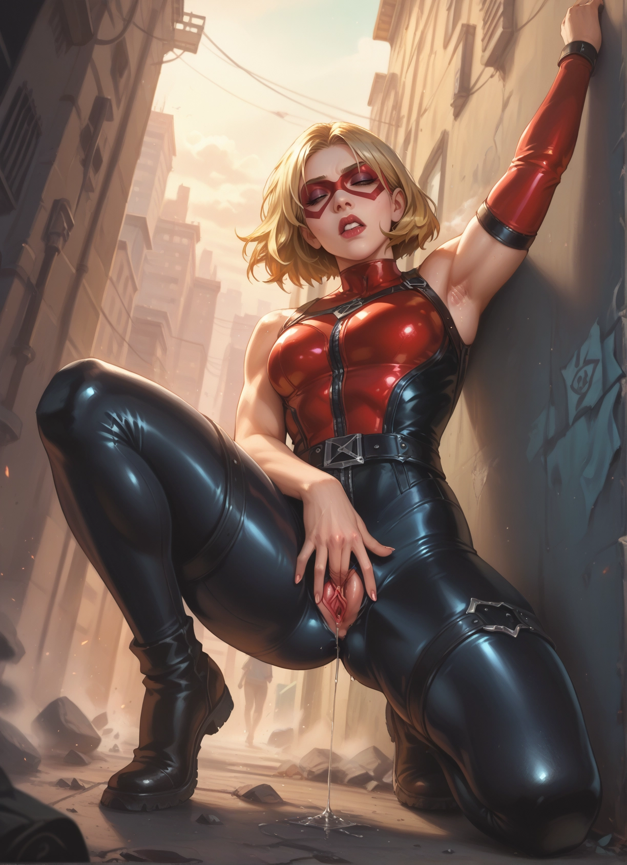 1girl, pussy, blonde hair, pussy juice, mask, breasts · Yamete.gg