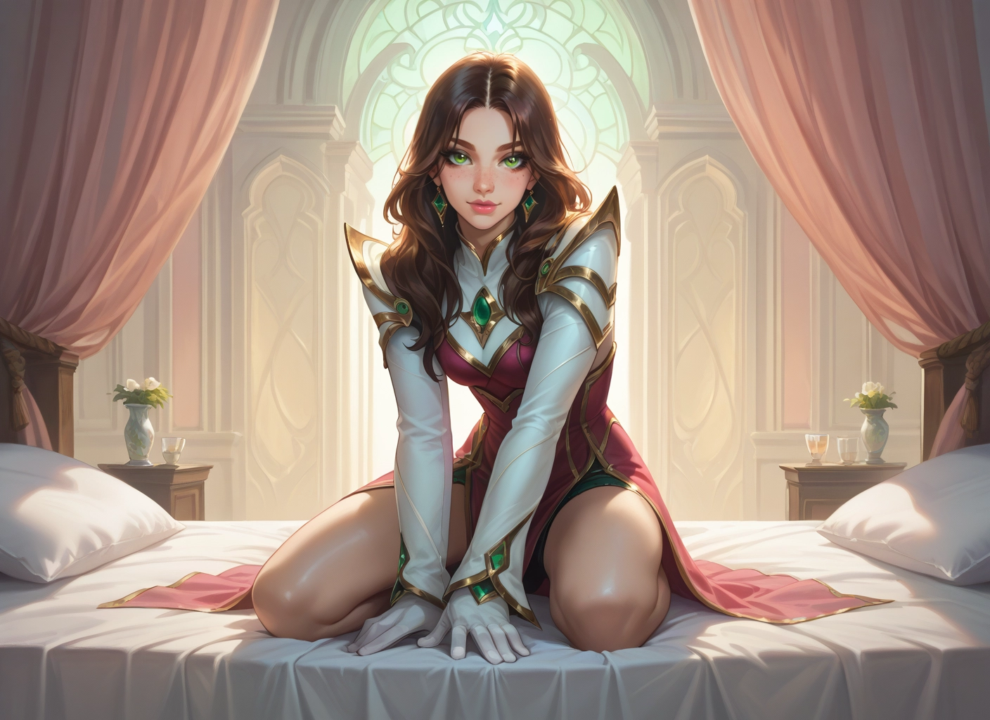1girl, green eyes, brown hair, jewelry, gloves, solo · Yamete.gg