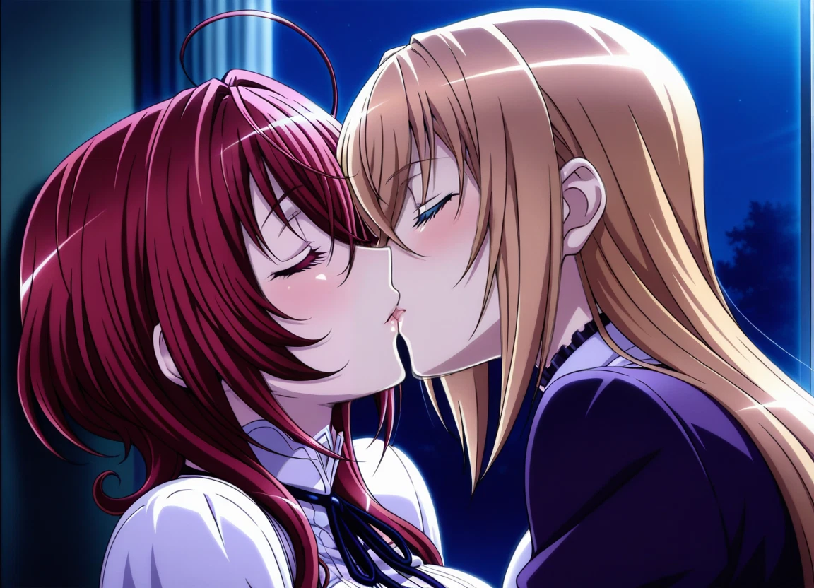 multiple girls, 2girls, closed eyes, red hair, kiss, long hair · Yamete.gg