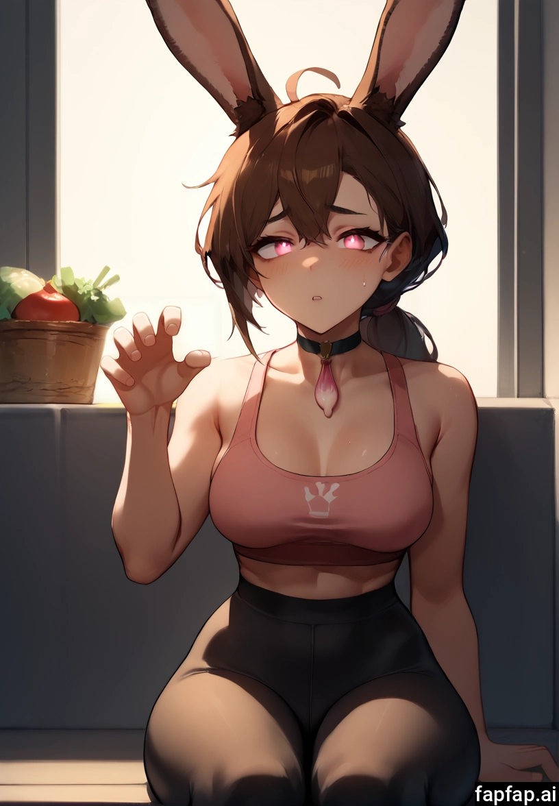 1girl, solo, breasts, animal ears, brown hair, sitting · Yamete.gg