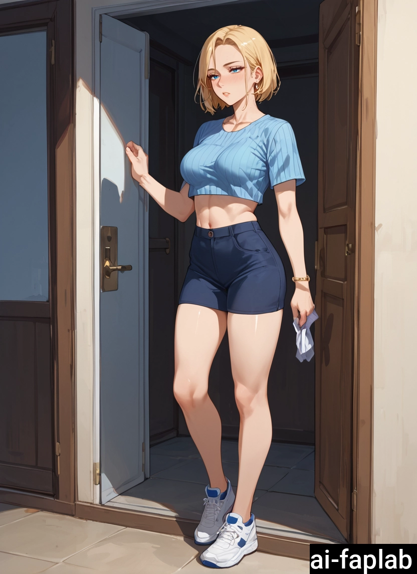 1girl, solo, blonde hair, crop top, breasts, blue eyes · Yamete.gg