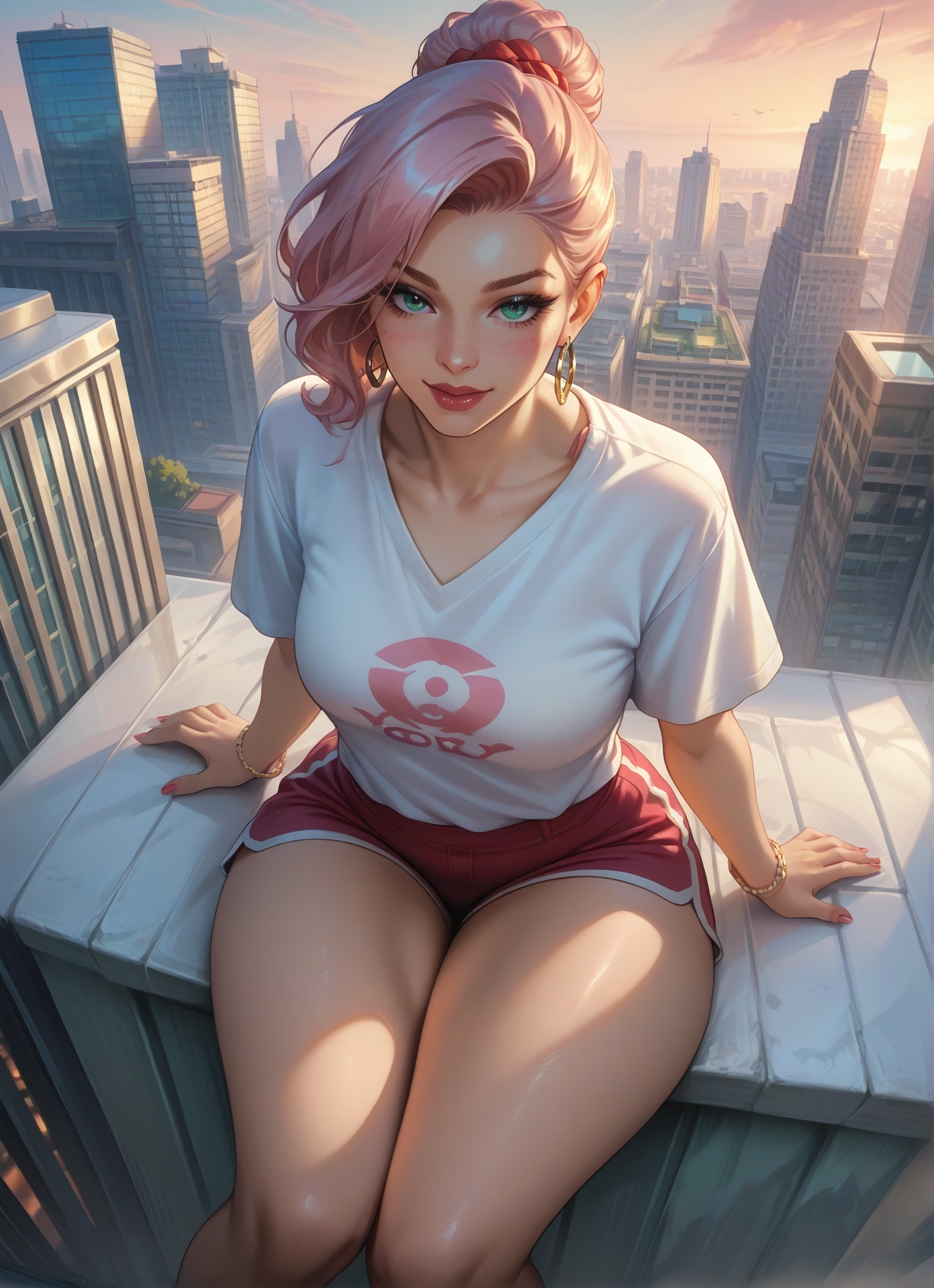 1girl, jewelry, shorts, pink hair, earrings, solo · Yamete.gg