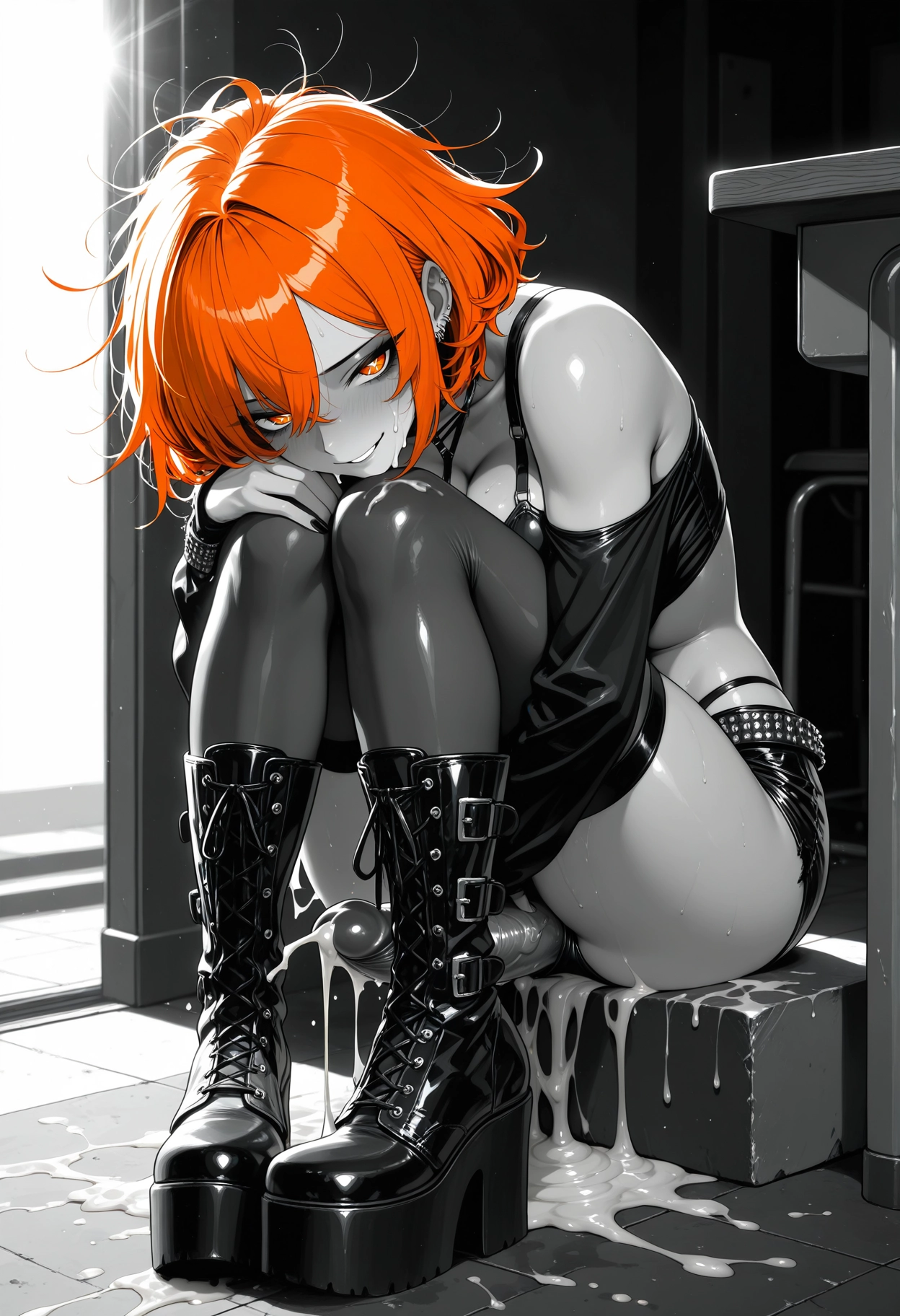 1girl, orange hair, platform footwear, cum, solo, boots