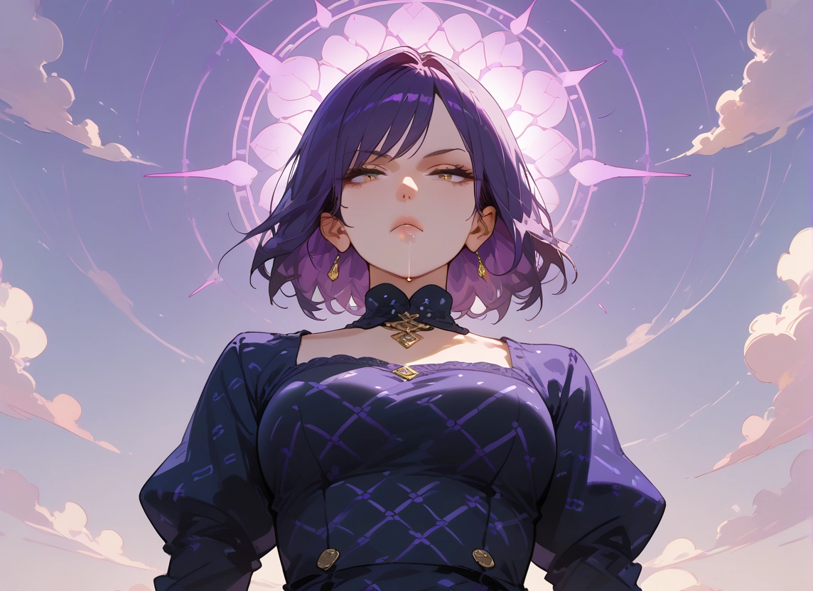 1girl, solo, jewelry, earrings, purple hair, short hair · Yamete.gg
