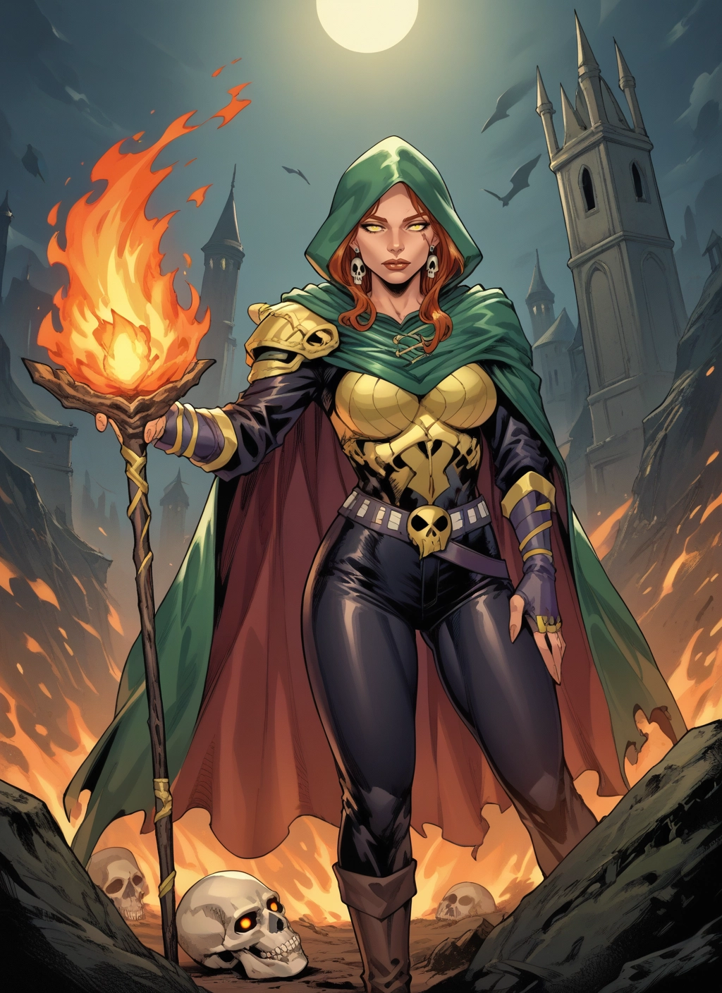 1girl, jewelry, earrings, skull, staff, hood · Yamete.gg
