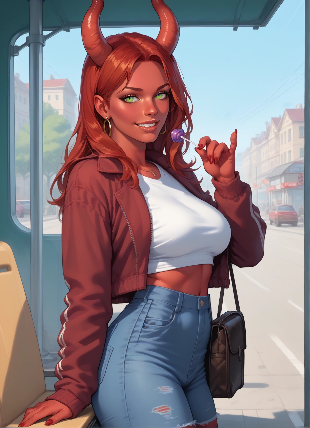 1girl, food, candy, green eyes, lollipop, horns · Yamete.gg