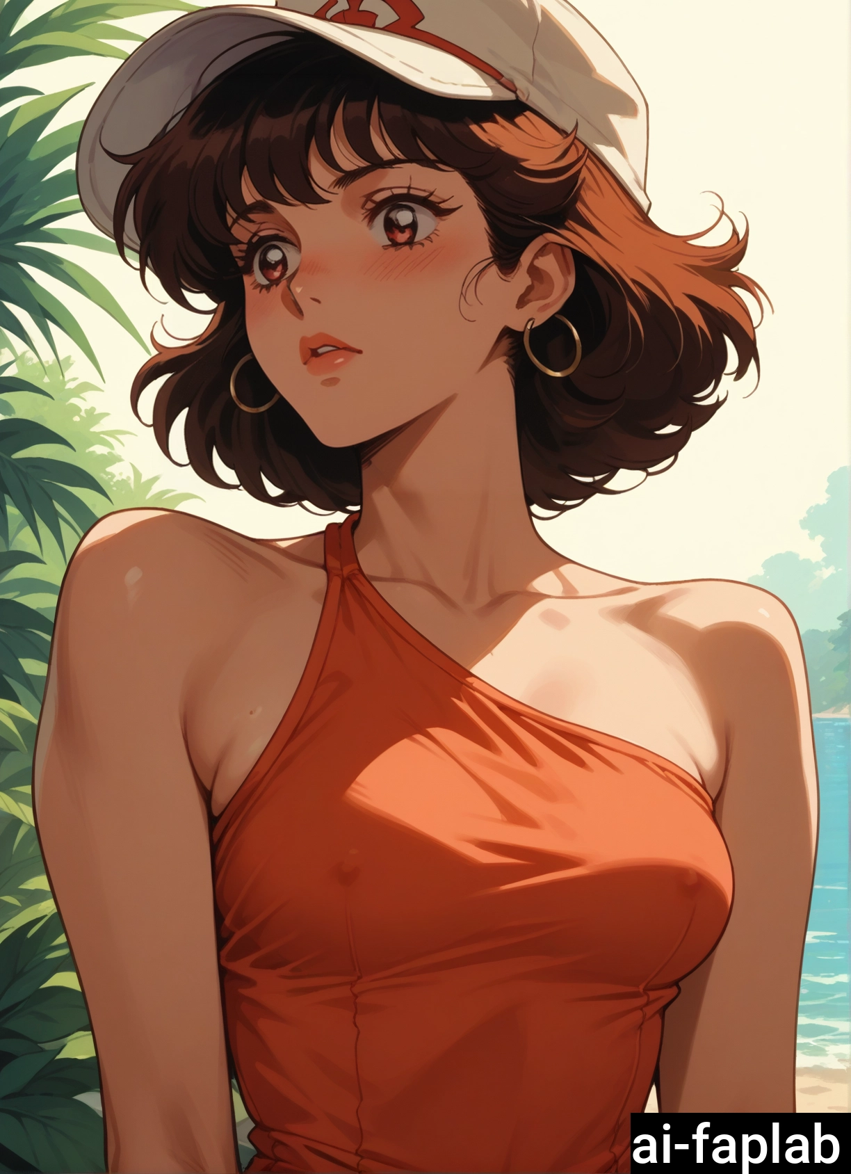 1girl, solo, jewelry, earrings, hat, breasts
