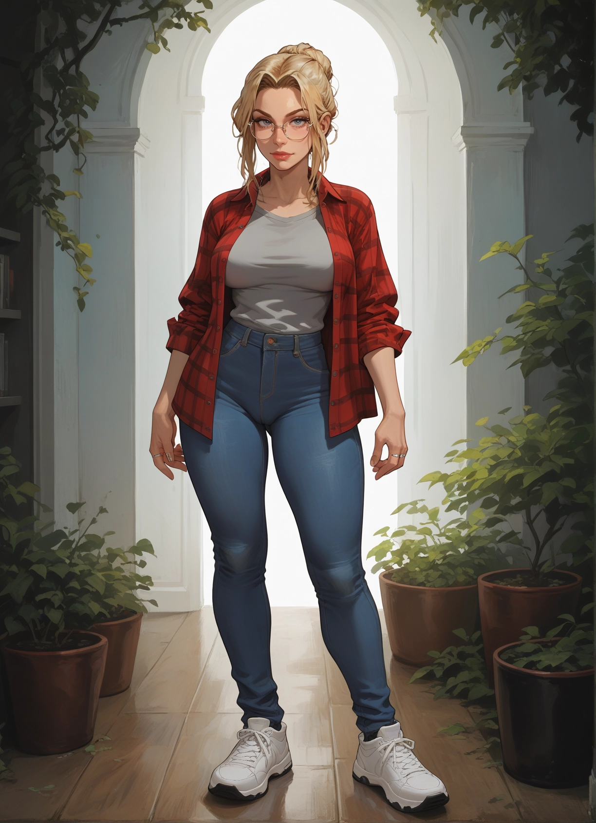 1girl, blonde hair, pants, breasts, glasses, jewelry · Yamete.gg