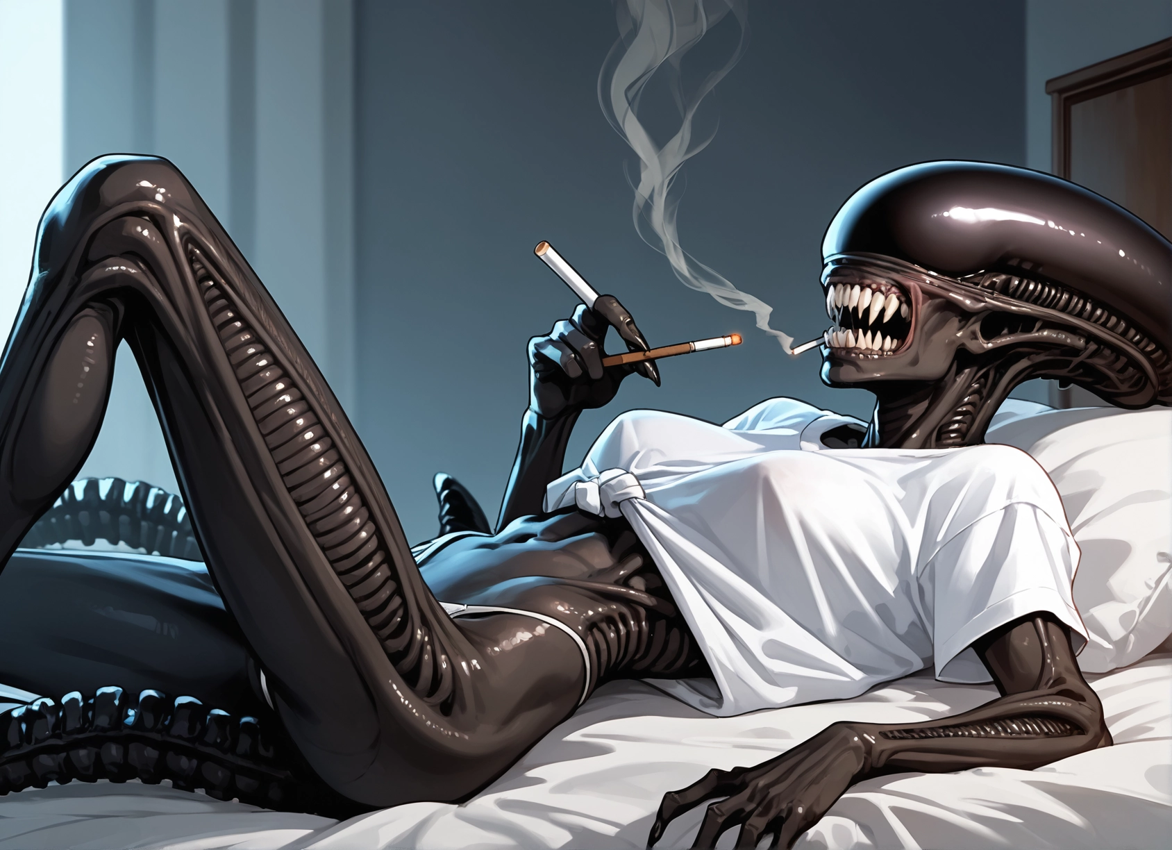 cigarette, 1girl, lying, shirt, smoking, on back · Yamete.gg