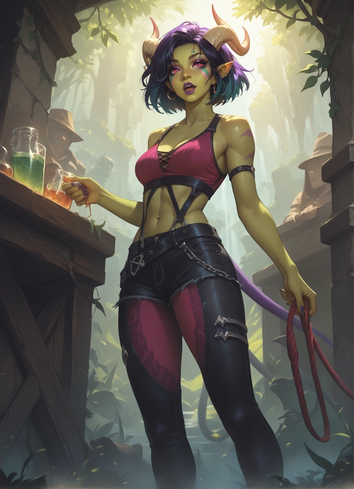 1girl, horns, tail, breasts, colored skin, solo · Yamete.gg