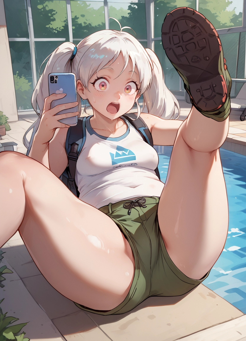 1girl, solo, breasts, shorts, phone, open mouth · Yamete.gg