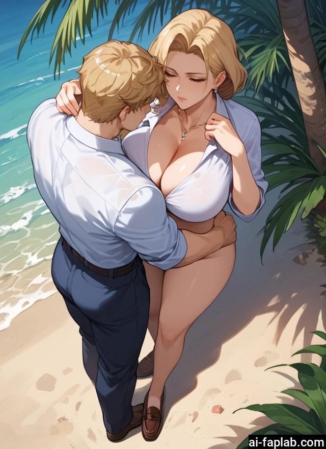 breasts, 1girl, 1boy, blonde hair, jewelry, beach