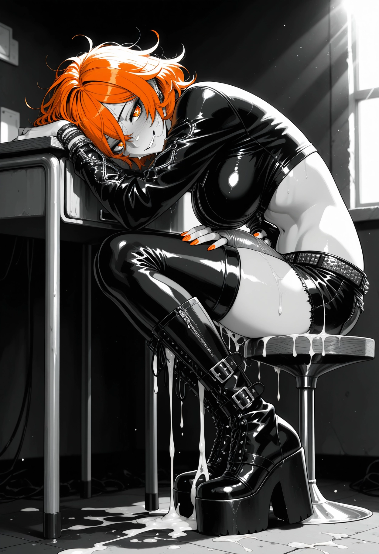 1girl, orange hair, solo, orange eyes, boots, platform footwear
