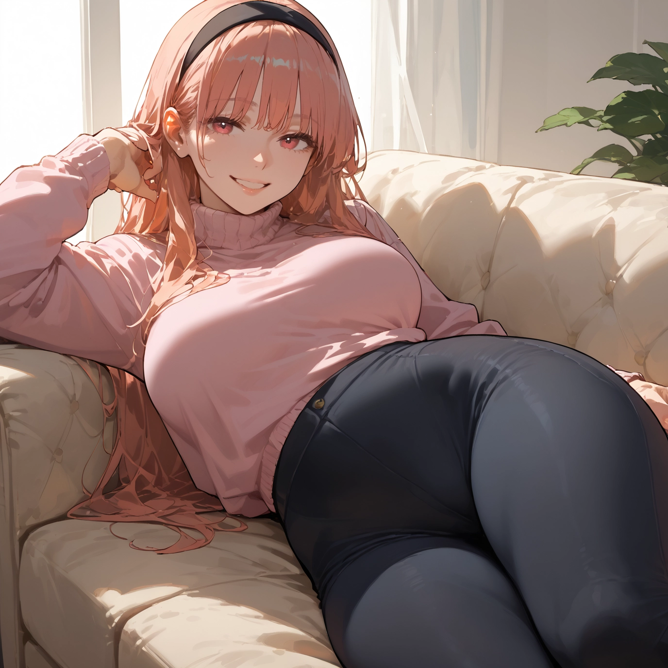 1girl, long hair, breasts, smile, solo, sweater · Yamete.gg