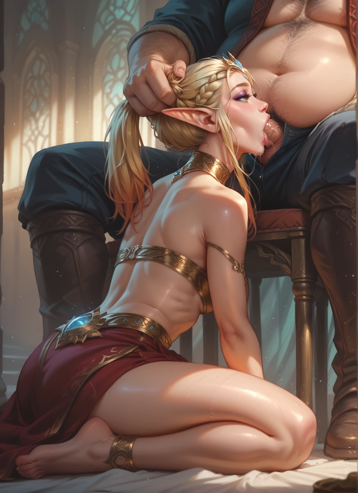 1girl, blonde hair, penis, pointy ears, oral, hetero · Yamete.gg