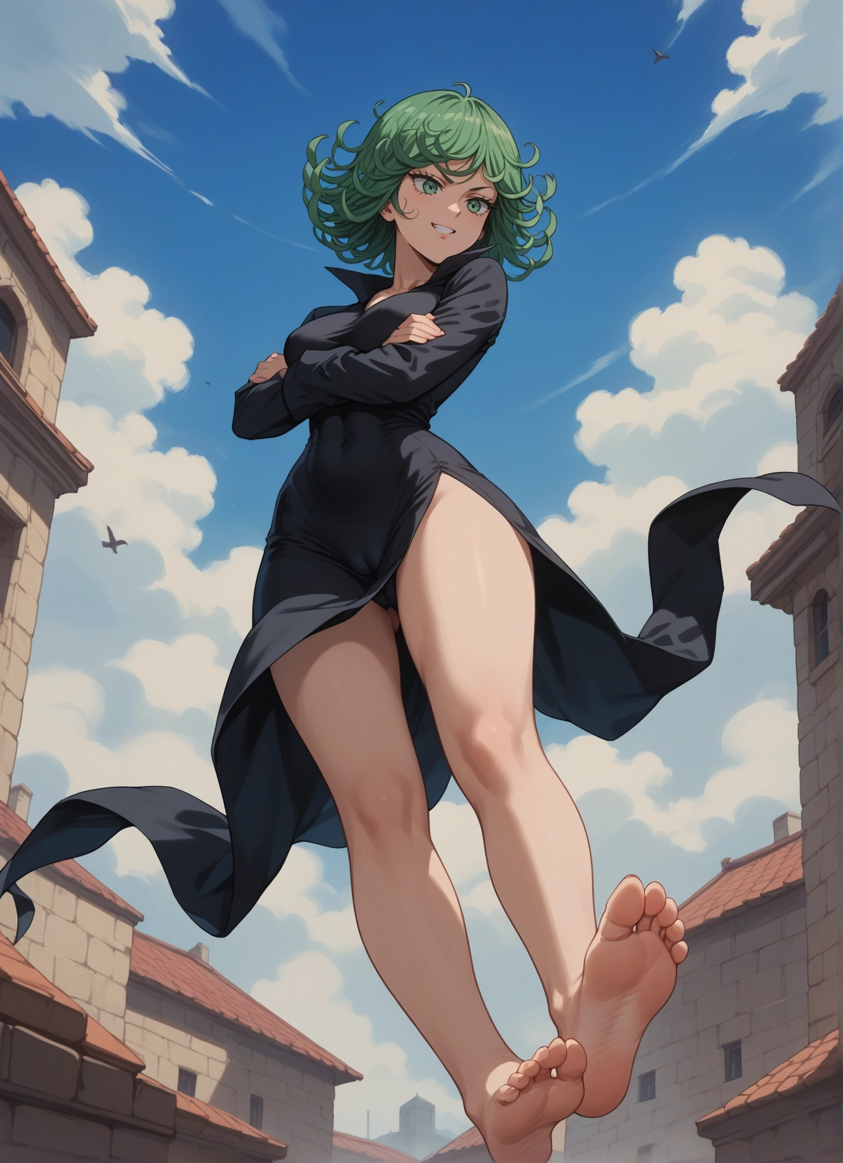 1girl, barefoot, feet, green eyes, dress, green hair · Yamete.gg