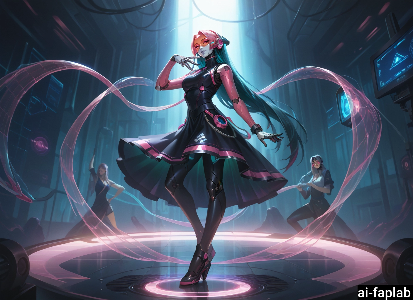 multiple girls, long hair, dress, android, joints, black dress